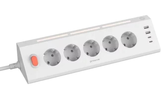 Proove Prism Socket surge protector includes 5 standard sockets, 2 USB Type-C ports, and 2 USB-A ports - White